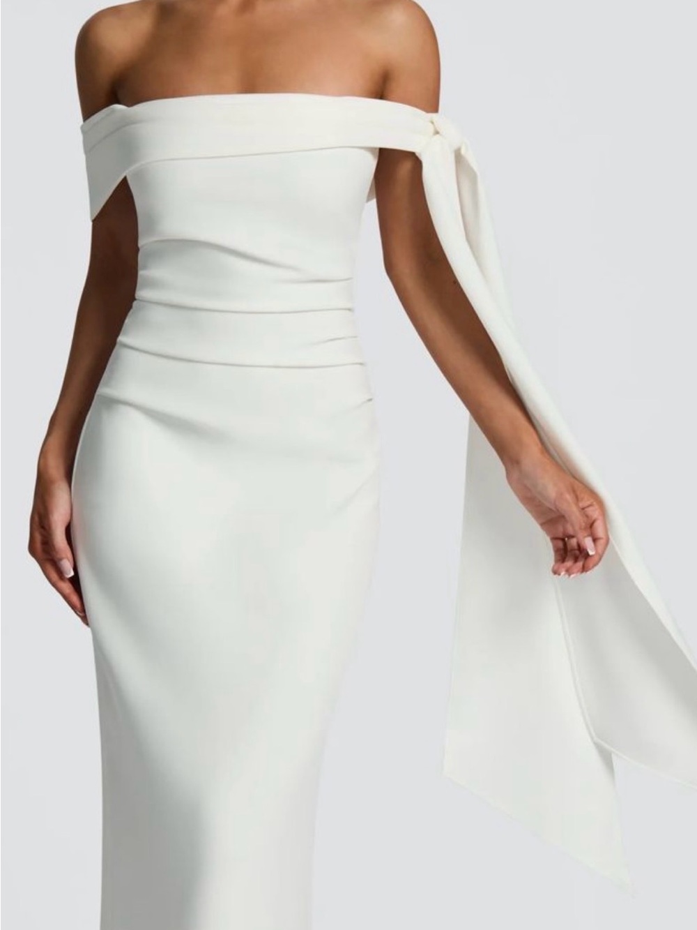 Off-Shoulder Cream Wedding Gown with Draped Bow Sleeve